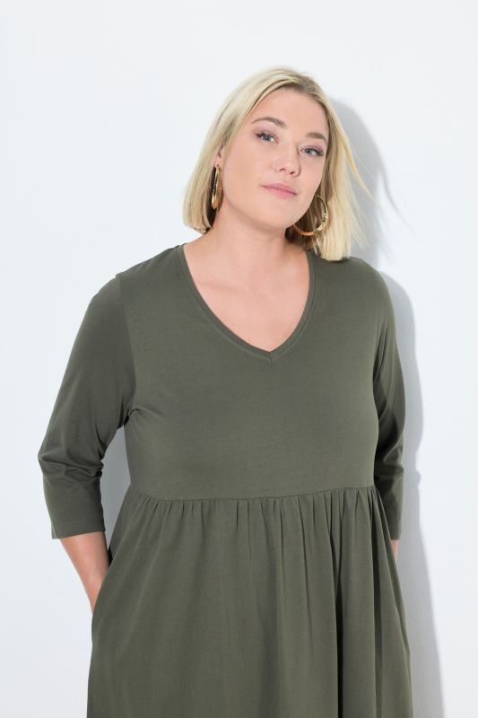 Cotton Knit V-Neck Empire A-line Pocket Dress