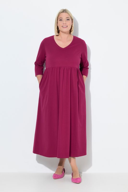 Cotton Knit V-Neck Empire A-line Pocket Dress