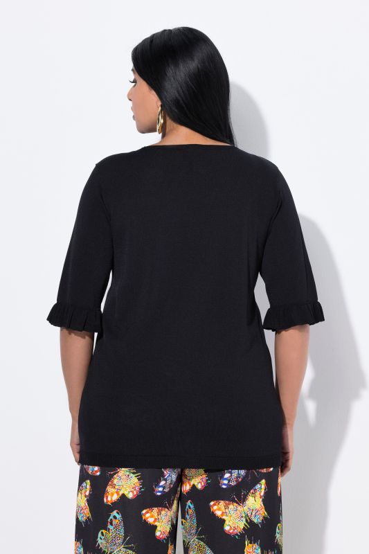 Ruffle Cuff 3/4 Sleeve V-Neck Sweater