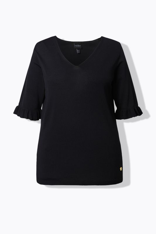 Ruffle Cuff 3/4 Sleeve V-Neck Sweater