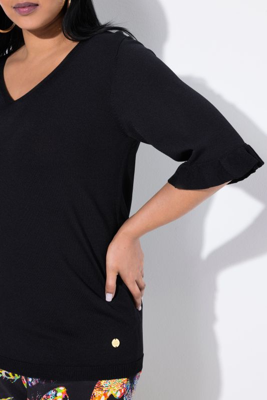 Ruffle Cuff 3/4 Sleeve V-Neck Sweater