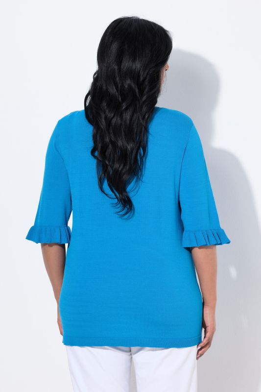 Ruffle Cuff 3/4 Sleeve V-Neck Sweater