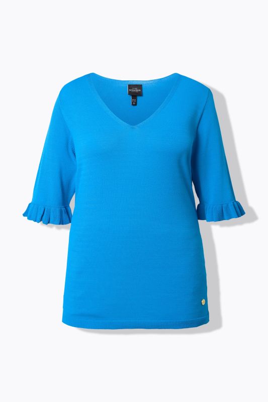 Ruffle Cuff 3/4 Sleeve V-Neck Sweater