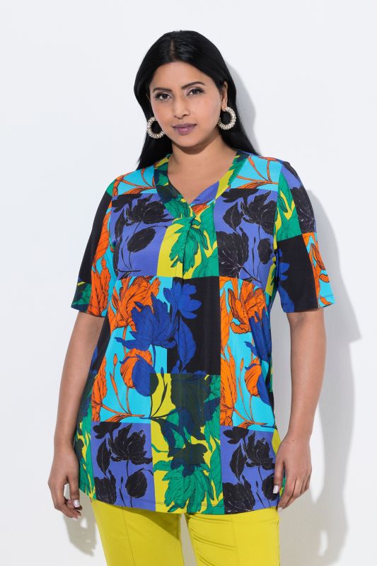 Patchwork Leaf Print Short Sleeve Slinky Top
