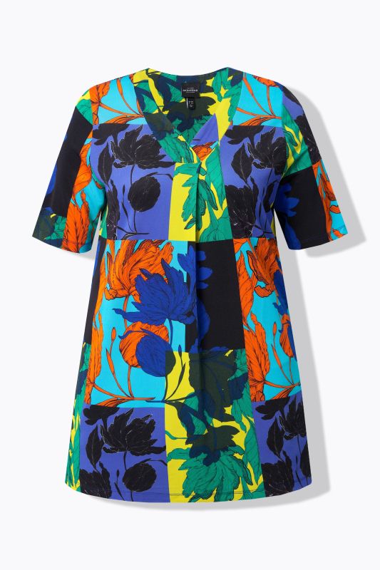 Patchwork Leaf Print Short Sleeve Slinky Top