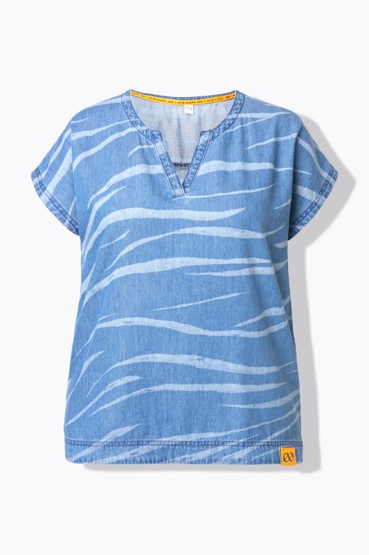 Wave Print Cap Sleeve Denim Blouse