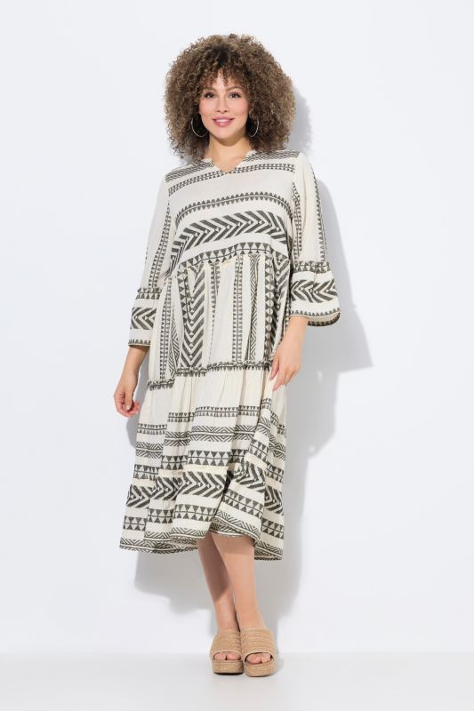 Geometric Striped 3/4 Sleeve Kaftan Dress