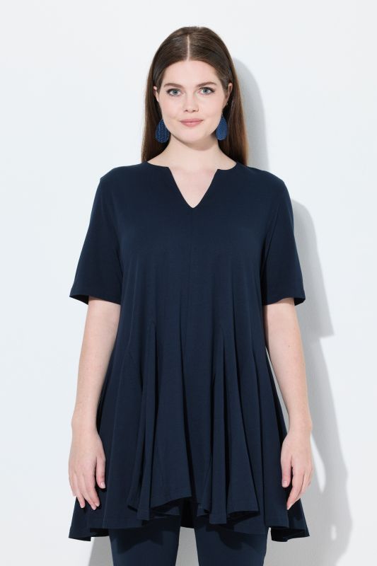 Eco Cotton Short Sleeve Godet Pleated Knit Tunic