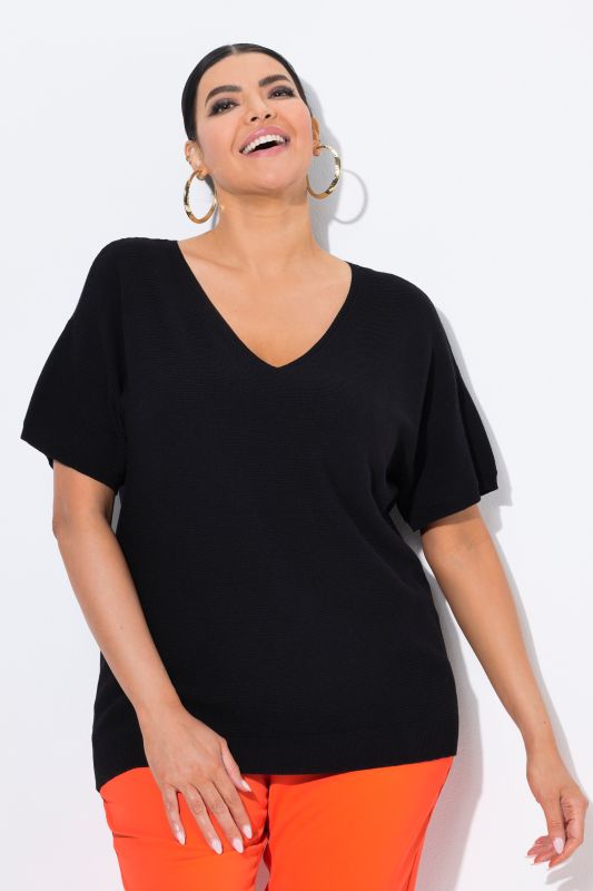 Ribbed Short Sleeve V-Neck Sweater