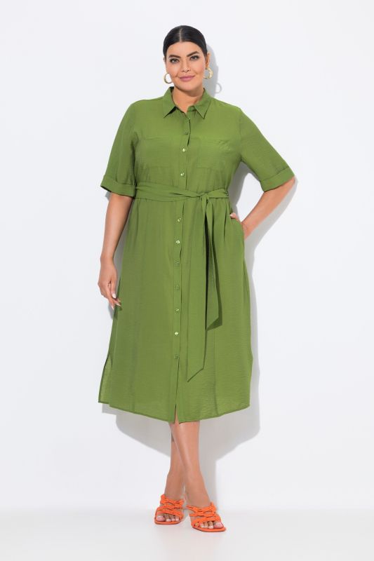 Textured Belted Button Down Dress