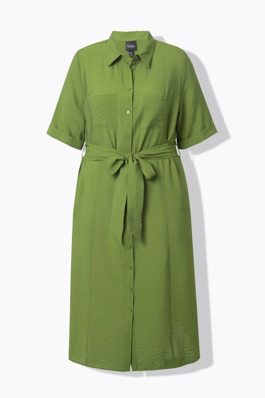 Textured Belted Button Down Dress