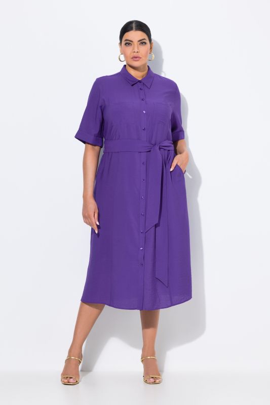 Textured Belted Button Down Dress
