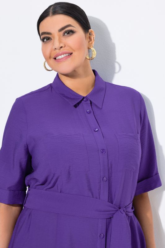 Textured Belted Button Down Dress