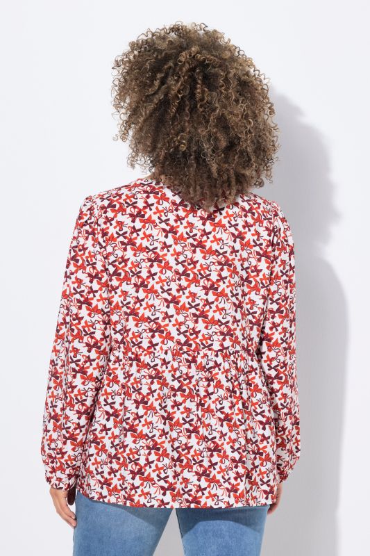 Bow Print Long Sleeve Ribbon-Tie Blouse