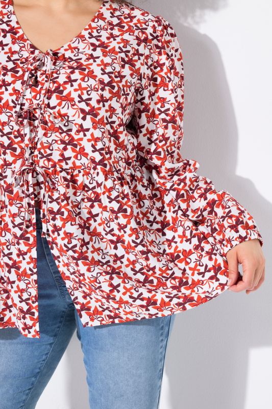Bow Print Long Sleeve Ribbon-Tie Blouse