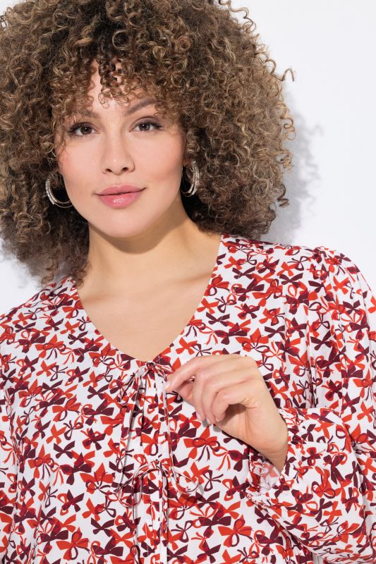 Bow Print Long Sleeve Ribbon-Tie Blouse