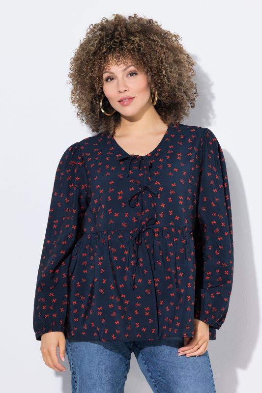 Bow Print Ribbon-Tie Blouse