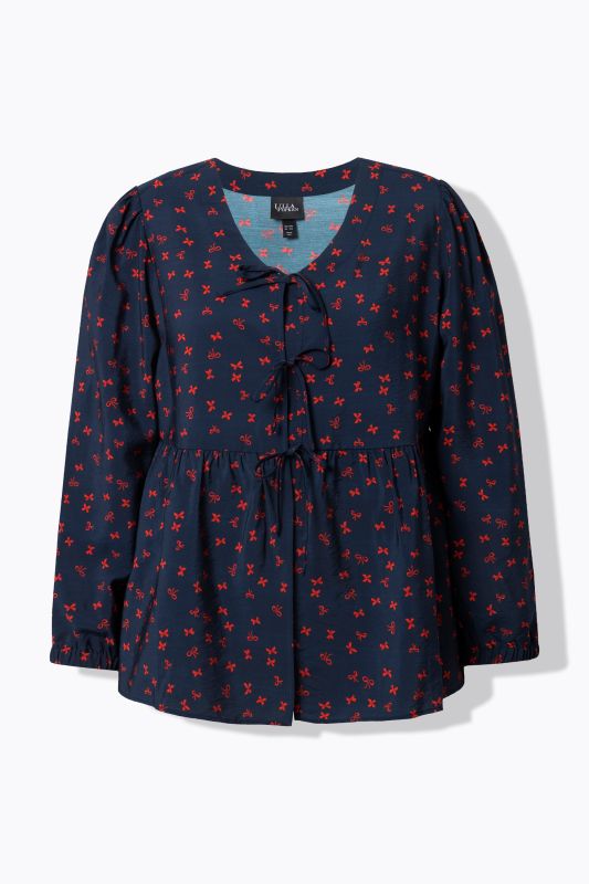 Bow Print Ribbon-Tie Blouse