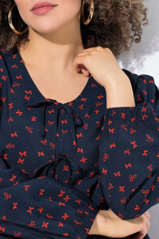 Bow Print Ribbon-Tie Blouse