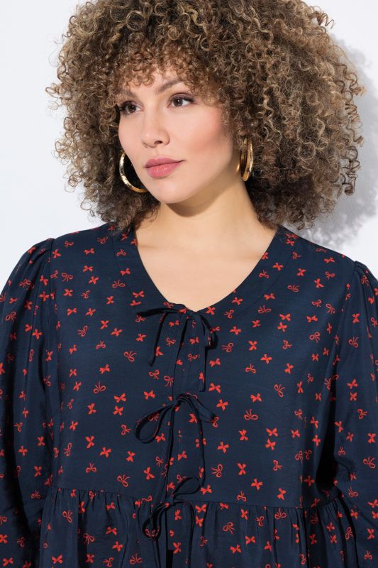 Bow Print Ribbon-Tie Blouse