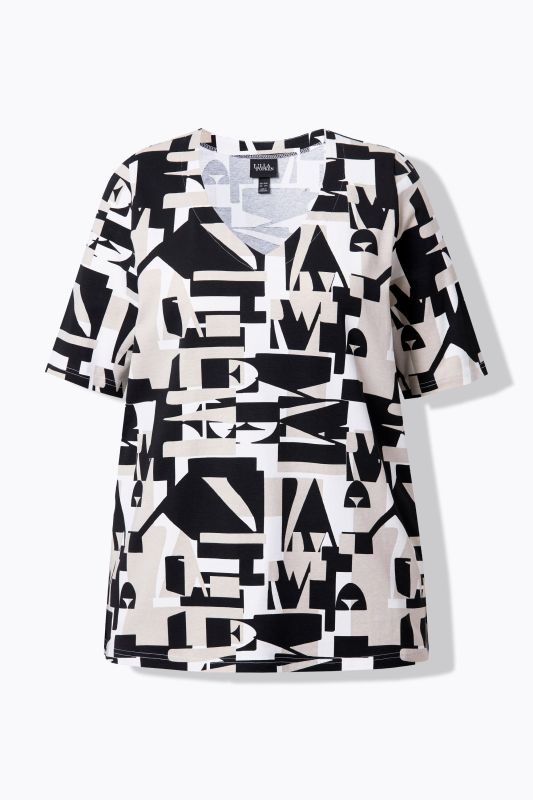 Geometric Letter Print Short Sleeve V-Neck Tee
