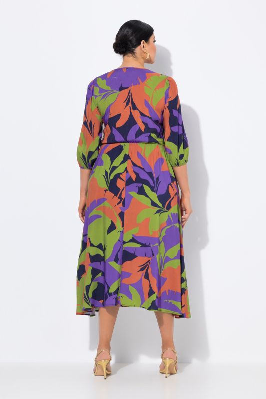 Leaf Print 3/4 Sleeve Elastic Waist Dress