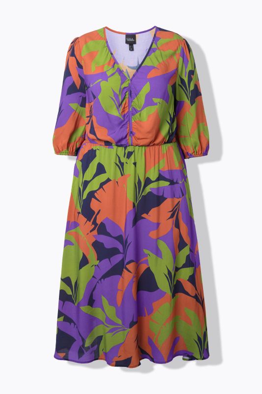 Leaf Print 3/4 Sleeve Elastic Waist Dress