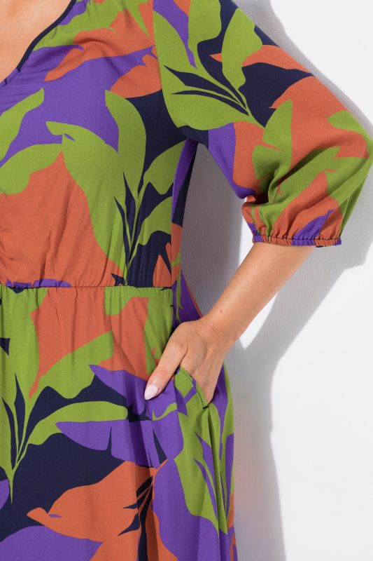 Leaf Print 3/4 Sleeve Elastic Waist Dress