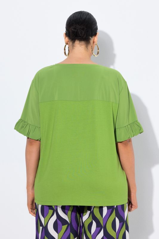 Mixed Material Ruffle Cuff Tee