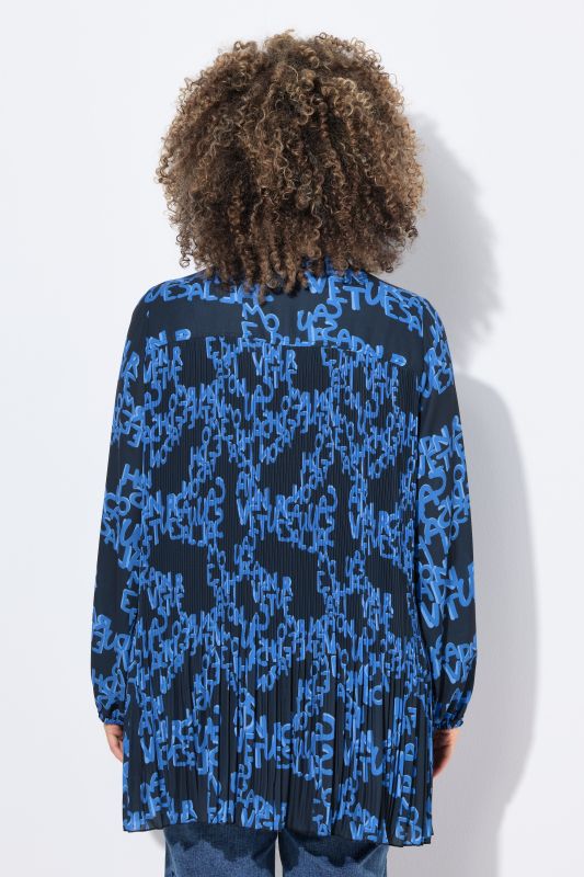 Letter Print Long Sleeve Pleated Blouse