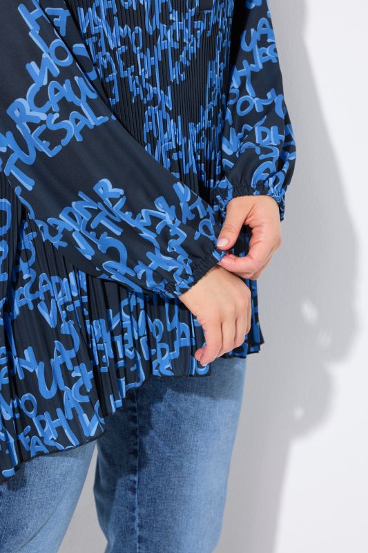 Letter Print Long Sleeve Pleated Blouse