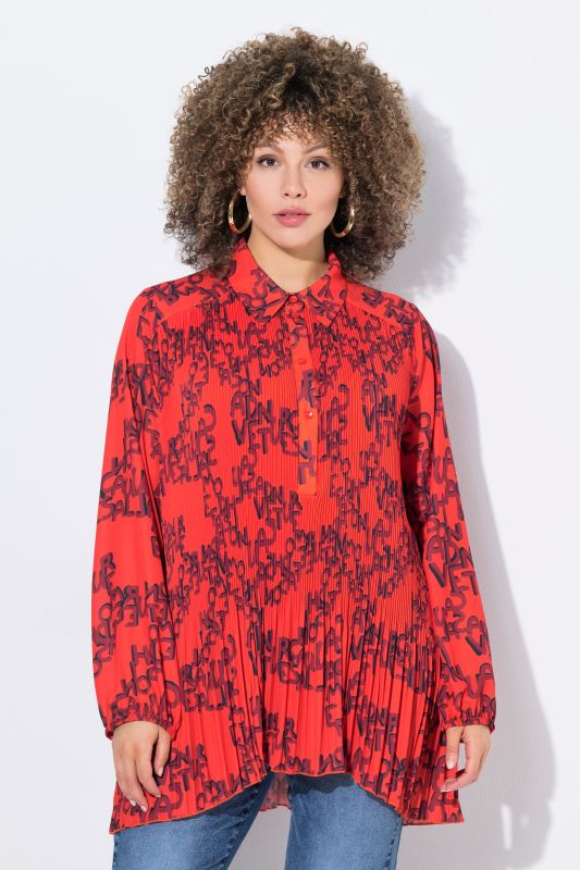 Letter Print Long Sleeve Pleated Blouse