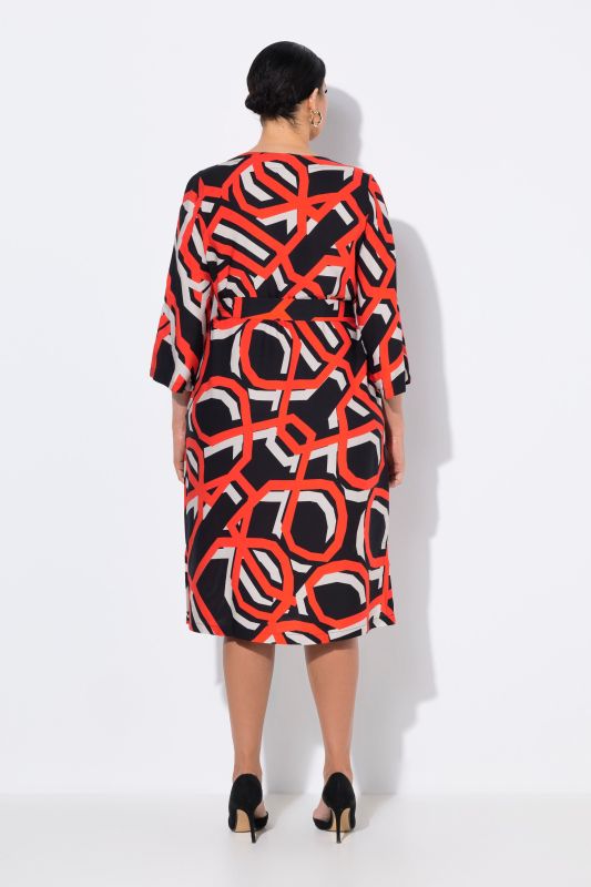 Geometric Print Split Neck Tie Belt Dress