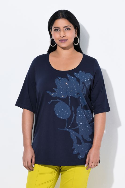 Rhinestone Leaf Motif Short Sleeve Tee