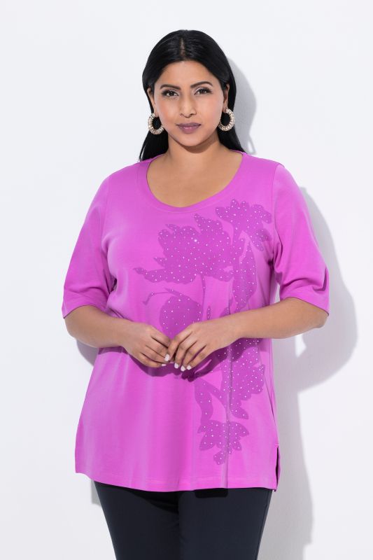 Rhinestone Leaf Motif Short Sleeve Tee