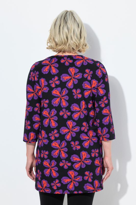 Scribble Flower Print 3/4 Sleeve Knit Tunic