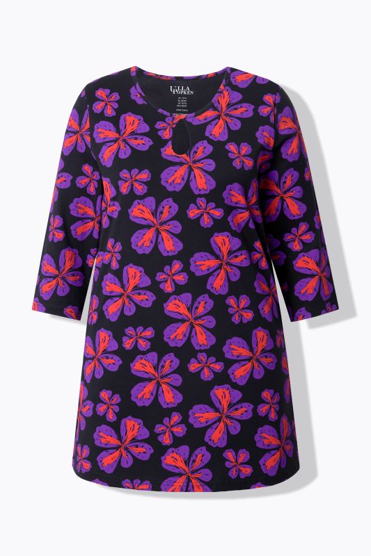 Scribble Flower Print 3/4 Sleeve Knit Tunic