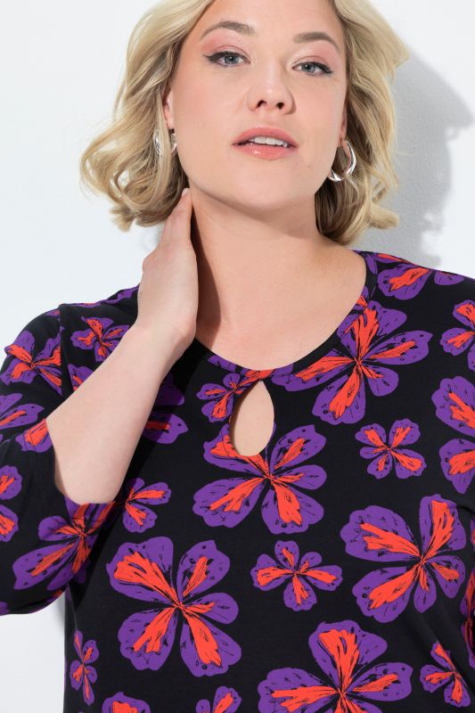 Scribble Flower Print 3/4 Sleeve Knit Tunic