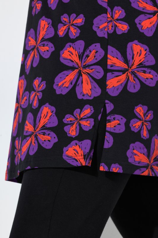 Scribble Flower Print 3/4 Sleeve Knit Tunic