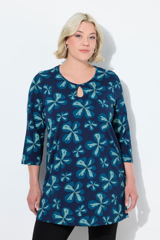 Scribble Flower Print 3/4 Sleeve Knit Tunic