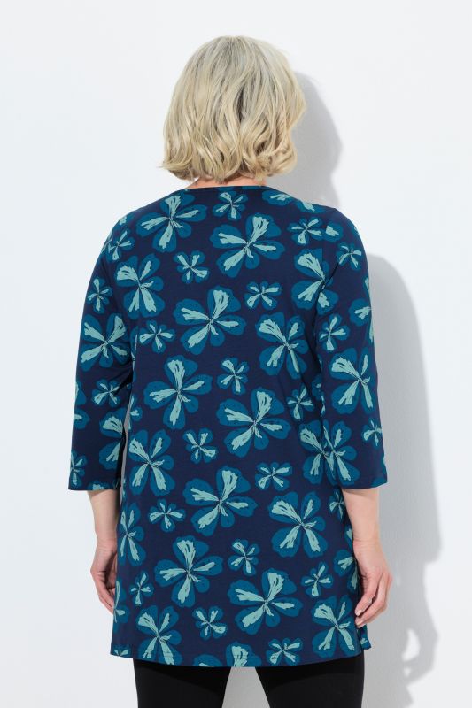 Scribble Flower Print 3/4 Sleeve Knit Tunic