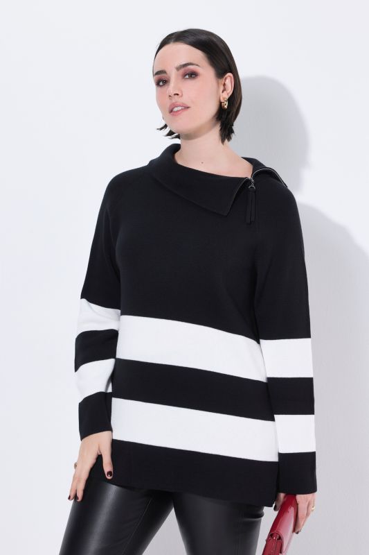 Block Stripe Asymmetric Turtleneck Sweater