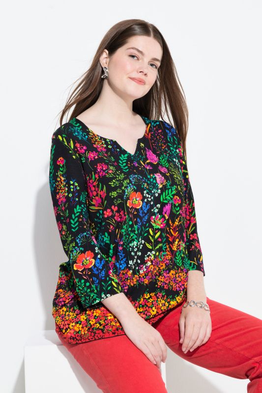 Country Floral Split Neck 3/4 Sleeve Tee