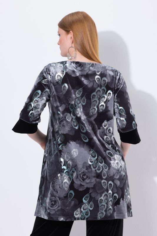 Velvet Peacock Feather 3/4 Sleeve Tunic Blouse