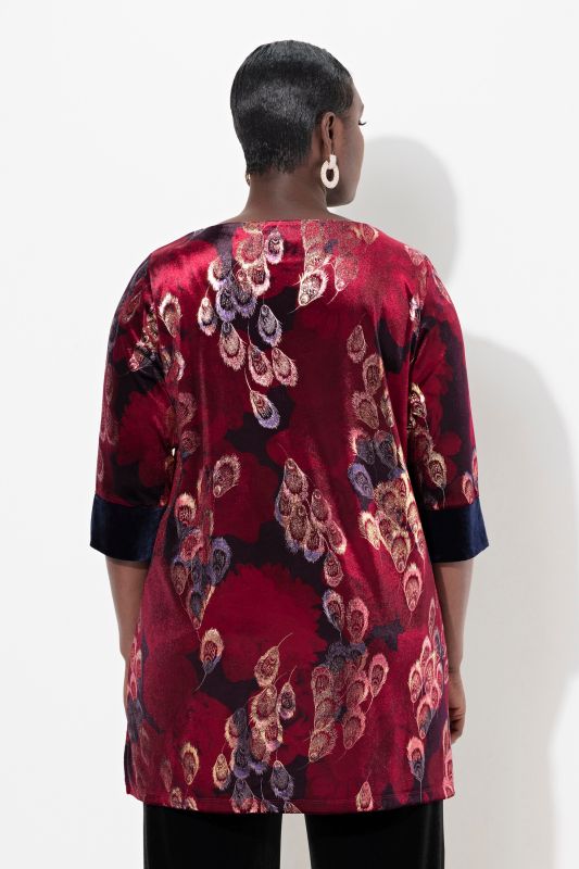 Velvet Peacock Feather 3/4 Sleeve Tunic Blouse