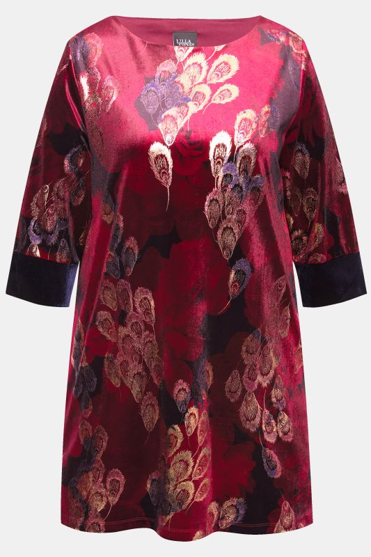 Velvet Peacock Feather 3/4 Sleeve Tunic Blouse