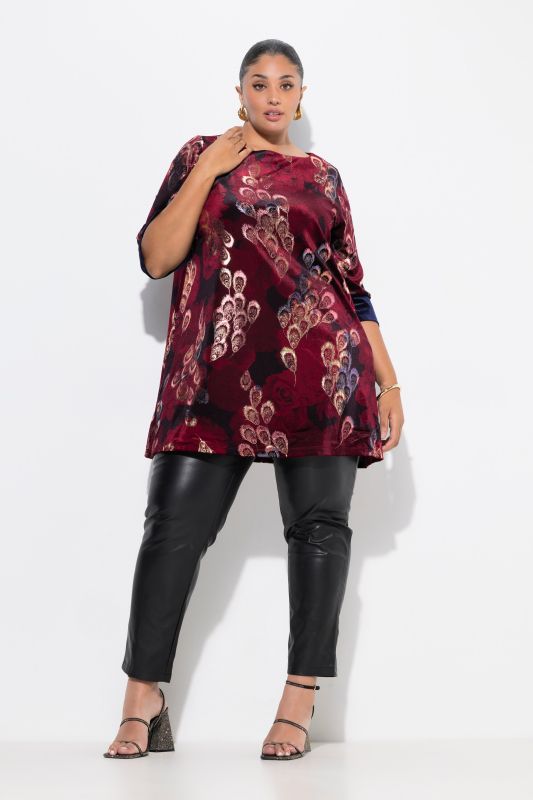 Velvet Peacock Feather 3/4 Sleeve Tunic Blouse