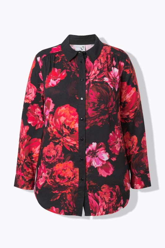 Rose Print Long Sleeve Viscose Button-Down Shirt