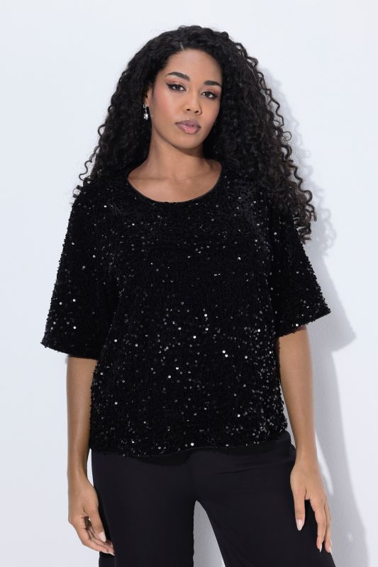Sequined Short Sleeve Velvet Blouse
