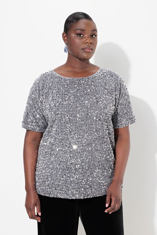 Sequined Short Sleeve Velvet Blouse